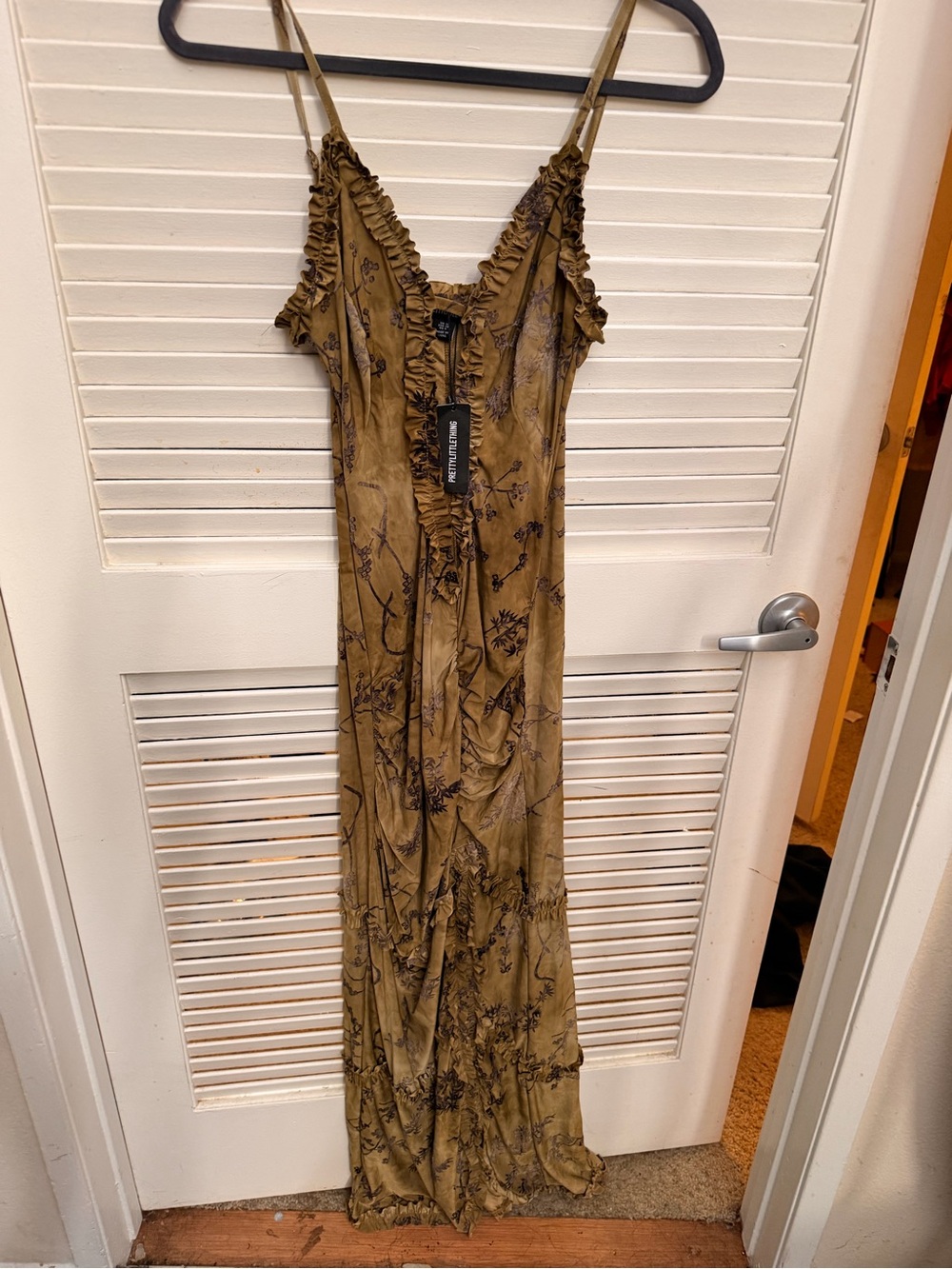 PrettyLittleThing Olive Green Floral Ruffle Maxi Dress